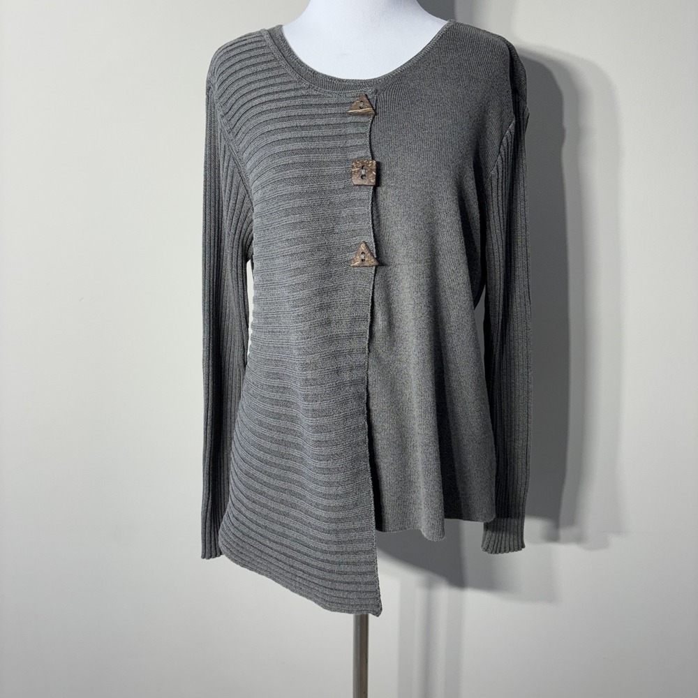 Putorti Sweater Womens XL Gray Contrast‎ Ribbed Knit Buttons Asymmetric Artsy